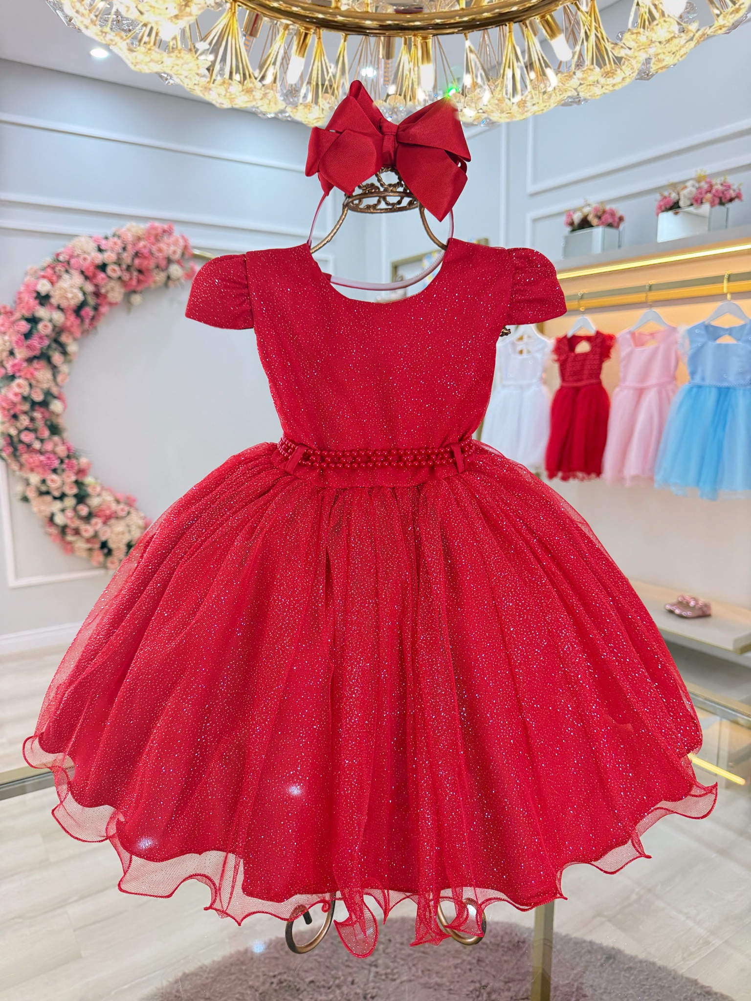 Vestido Infantil Vermelho Cinto de Pérolas Batizado Festas