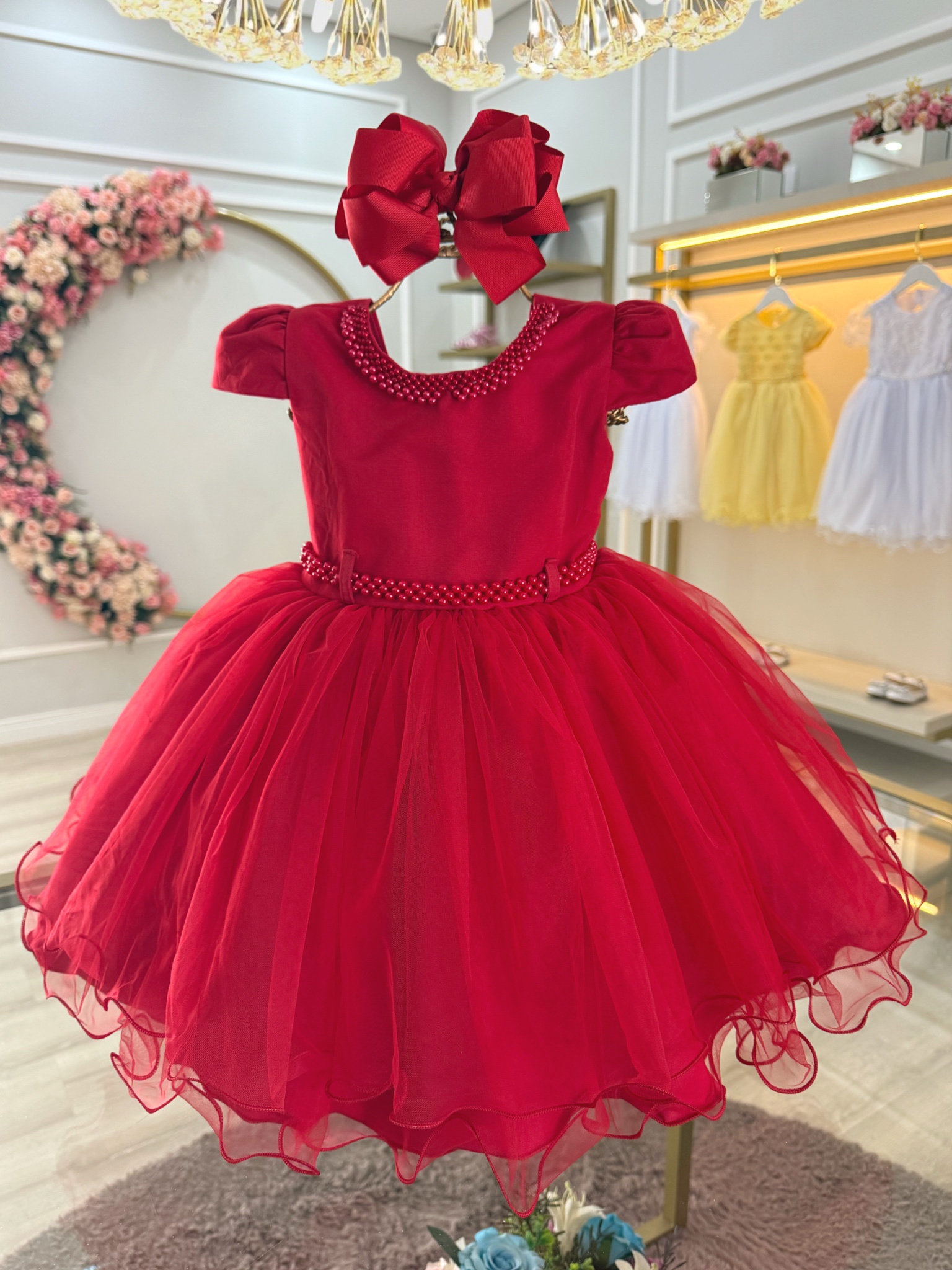Vestido Infantil Vermelho Luxo C/ Pérolas Daminhas Festas