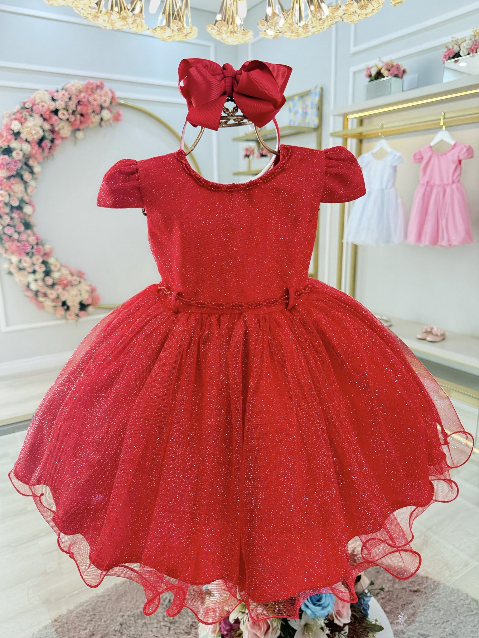 Vestido Infantil Vermelho Luxo Pérolas Glitter Daminhas Festas
