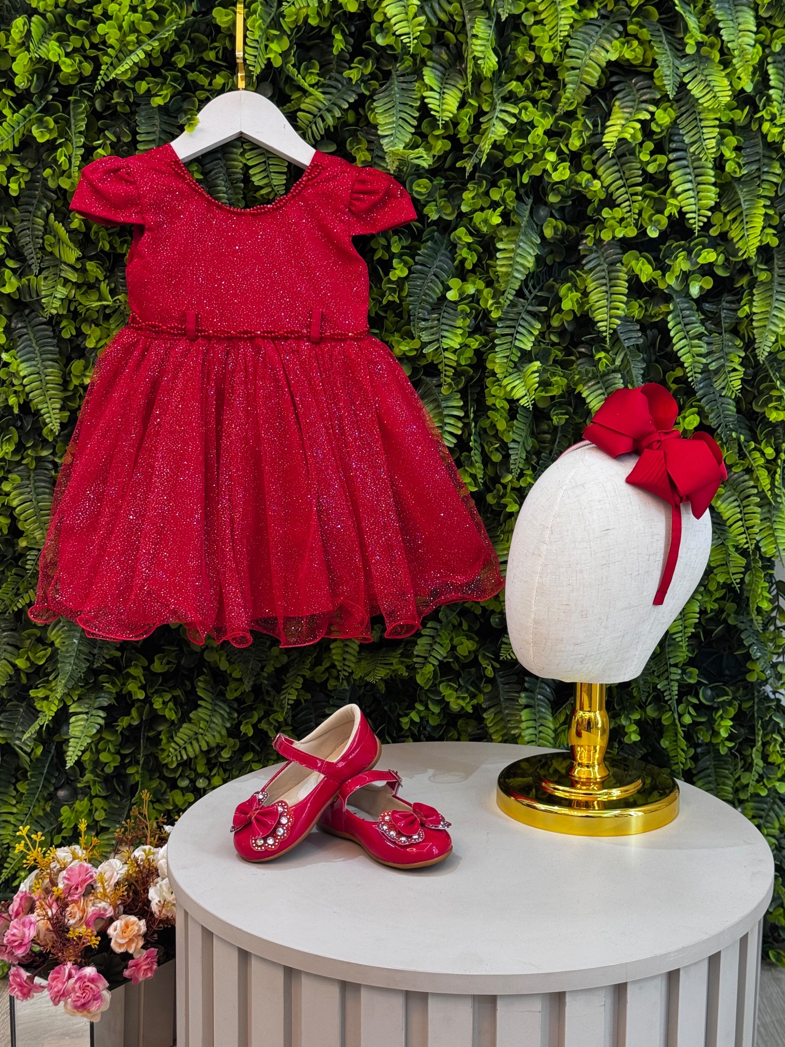 Vestido Infantil Vermelho Luxo Pérolas Glitter Daminhas Festas