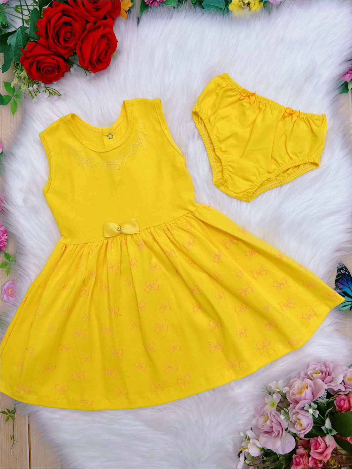 Vestido Infantil em Malha C/Calcinha Amarela Borboletas