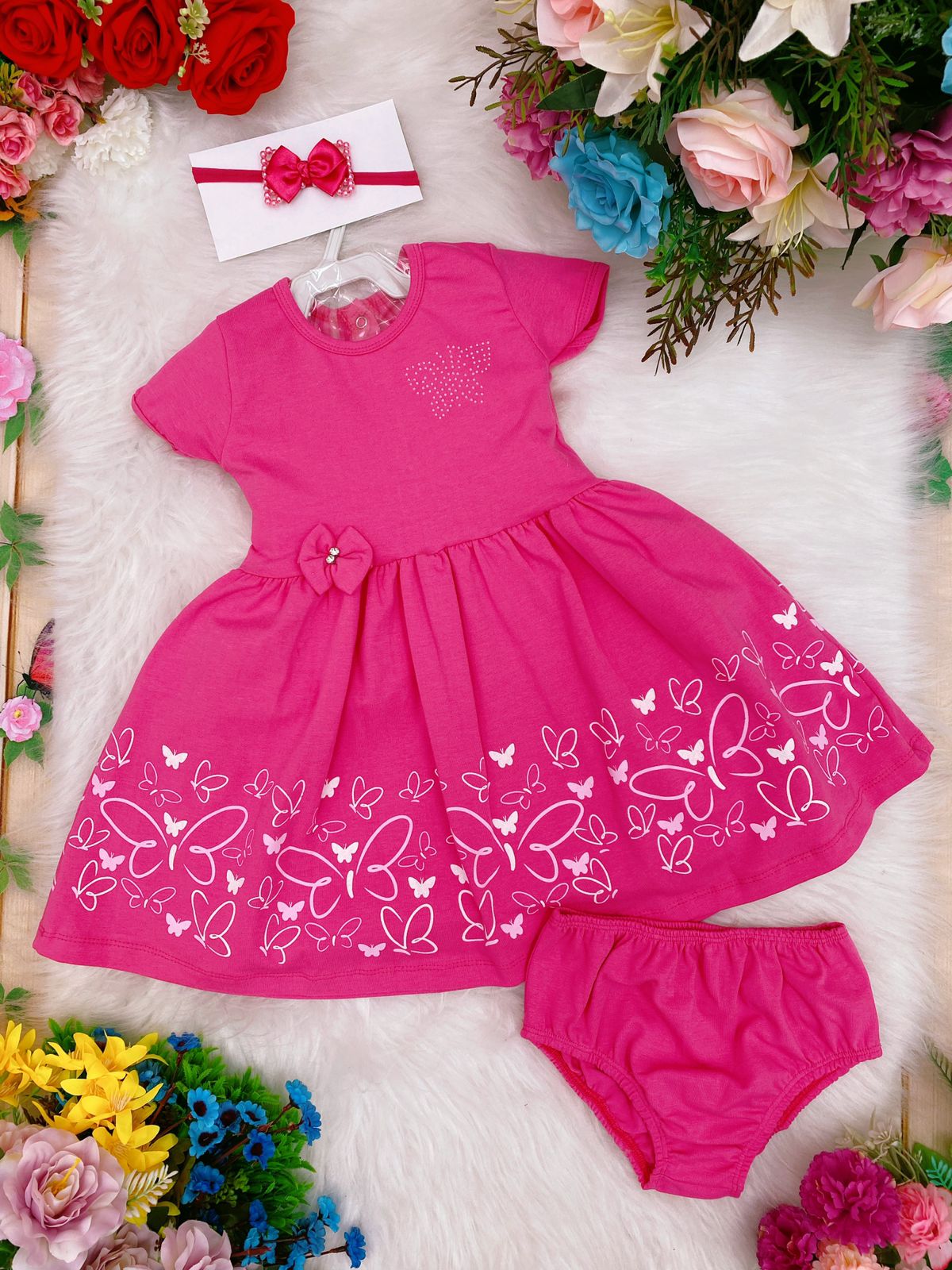 Vestido Infantil em Malha Pink Borboletas C/ Calcinha