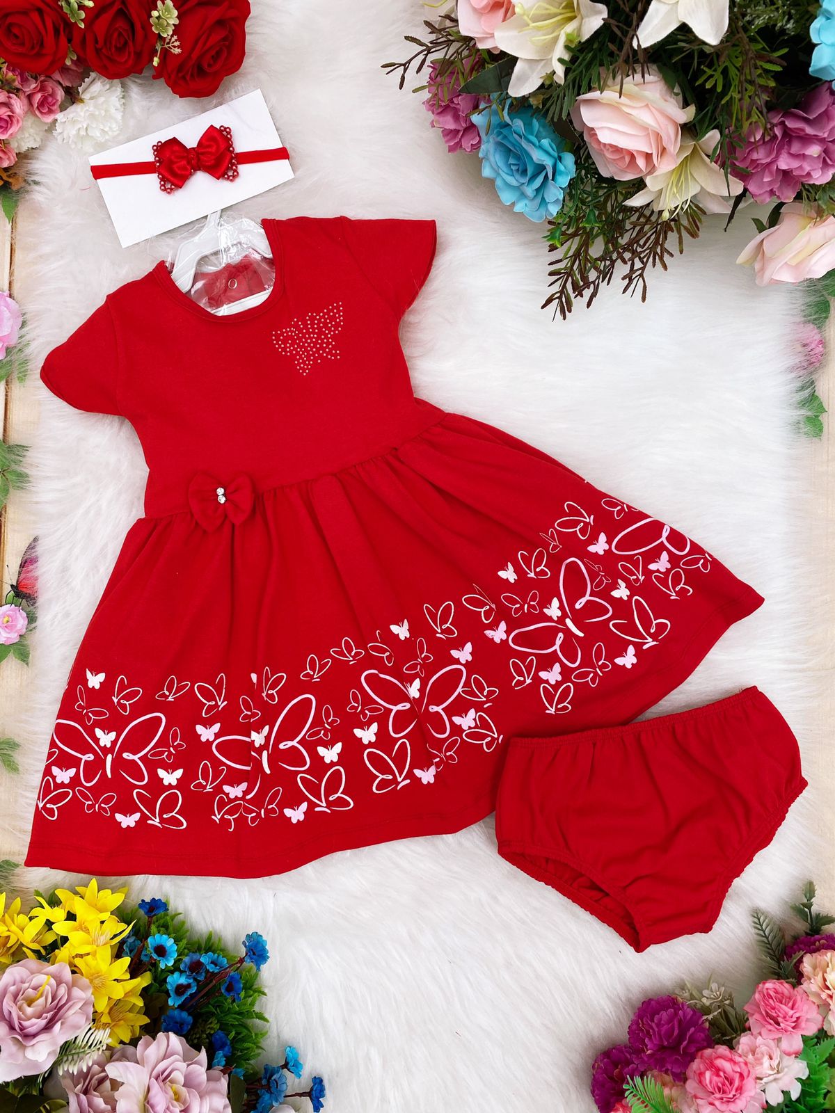 Vestido Infantil em Malha Vermelho Borboletas C/ Calcinha