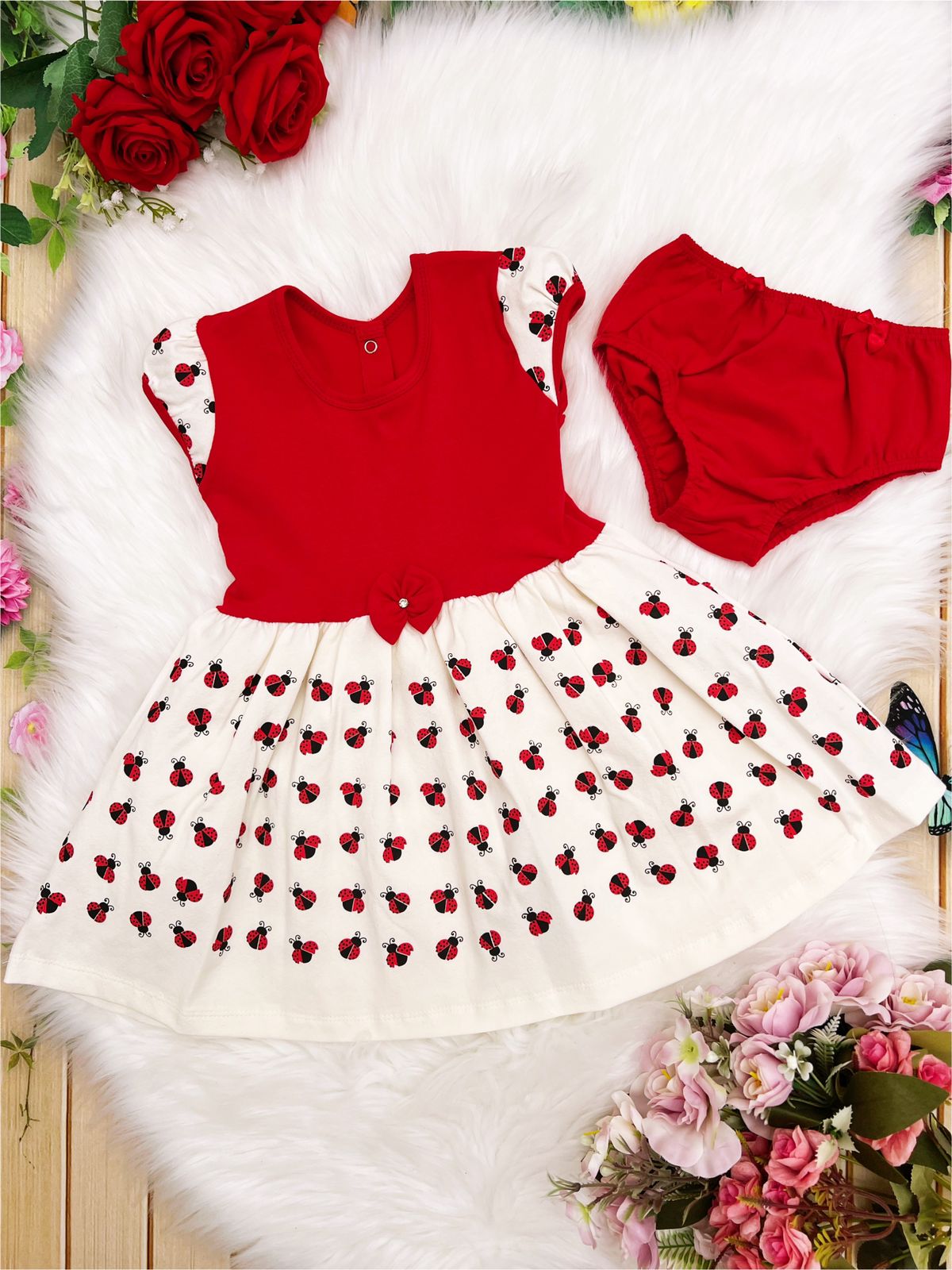 Vestido Infantil Malha C/Calcinha Joaninha Vermelho