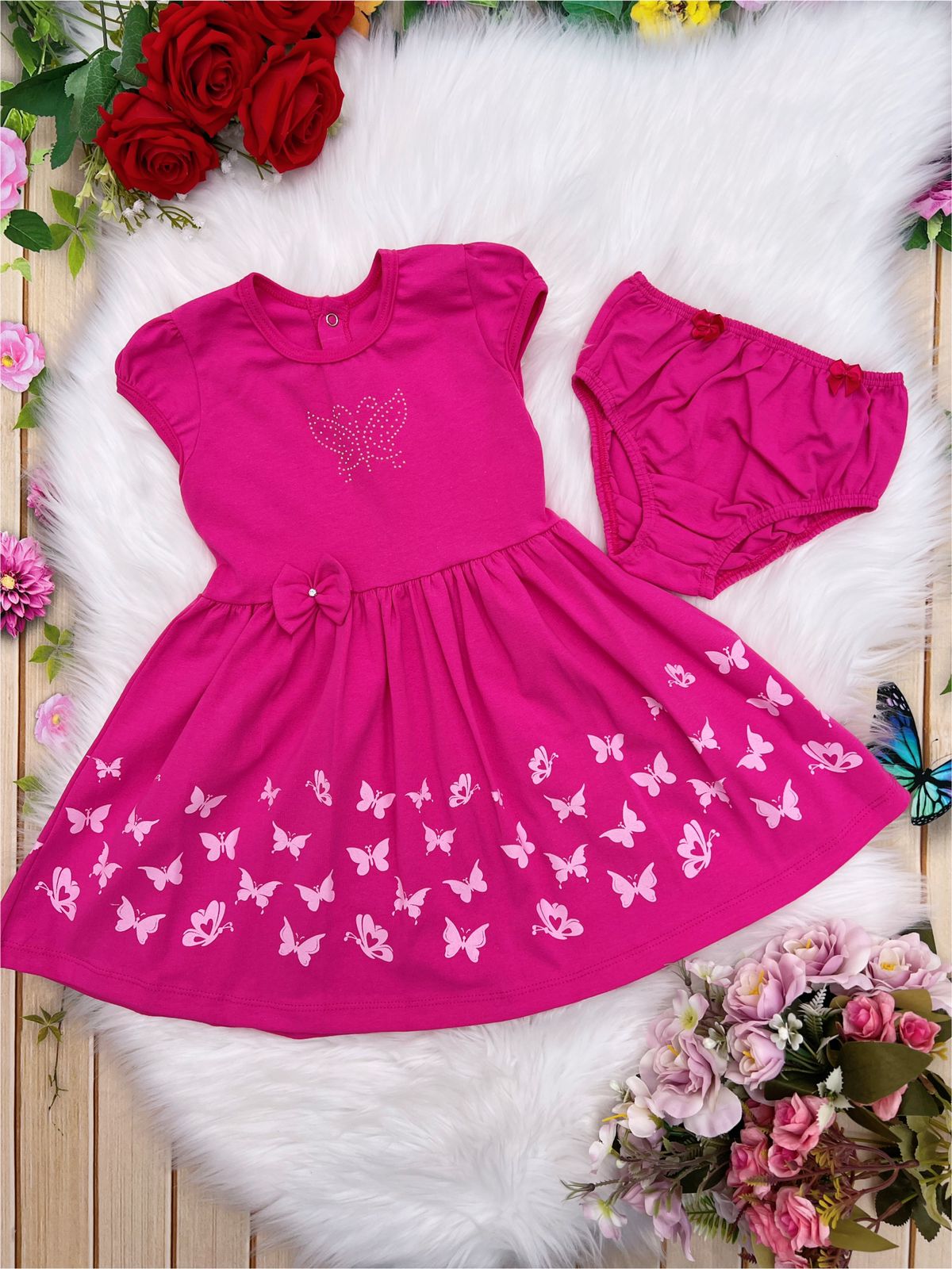 Vestido Infantil Malha C/Calcinha Strass Borboleta Pink