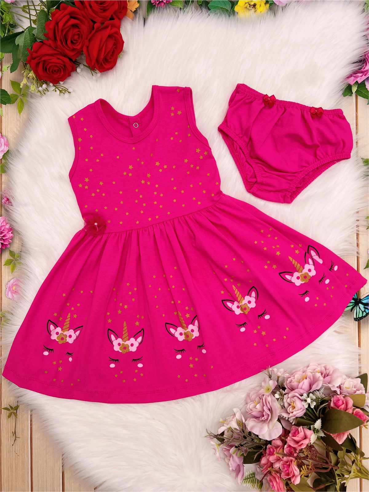 Vestido Infantil Malha C/Calcinha Unicórnio Estrelas Pink