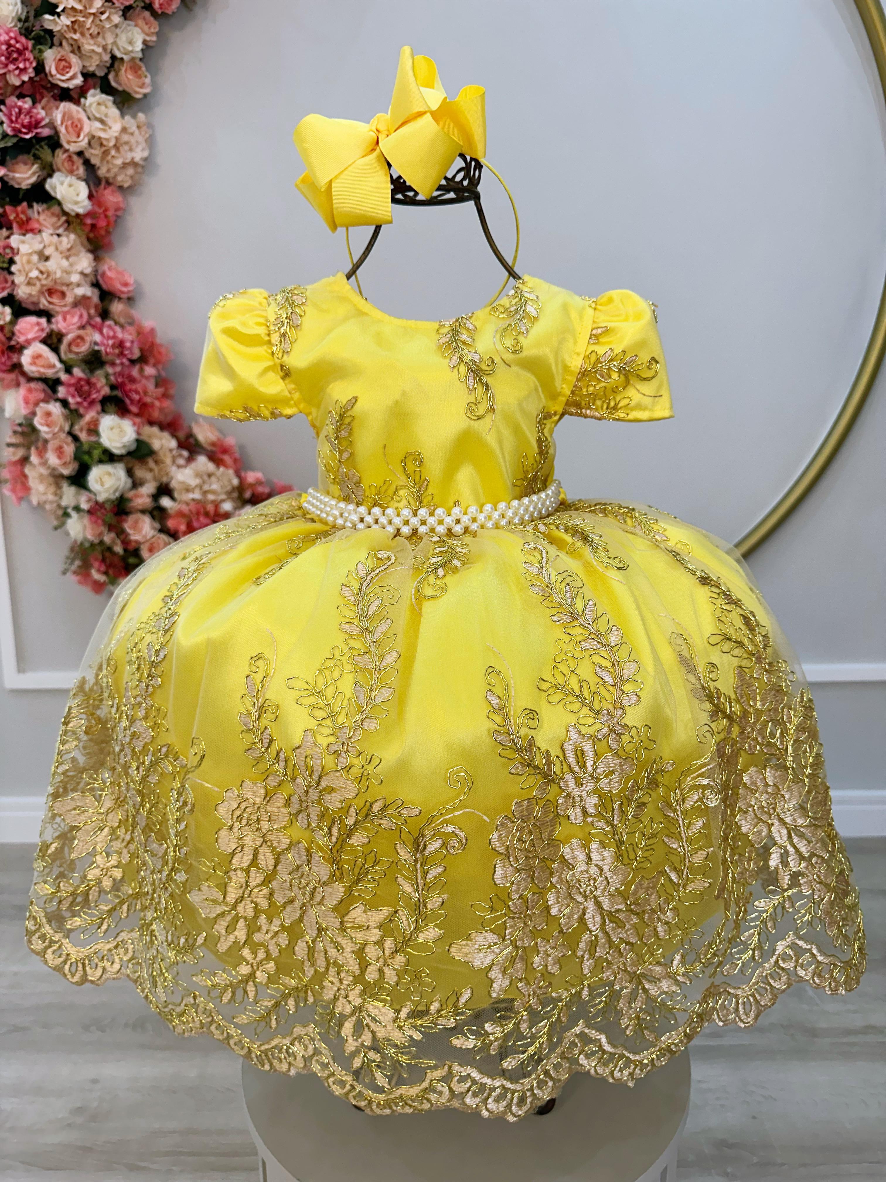 Vestido Infantil Amarelo C/ Renda Realeza Dourada e Pérolas