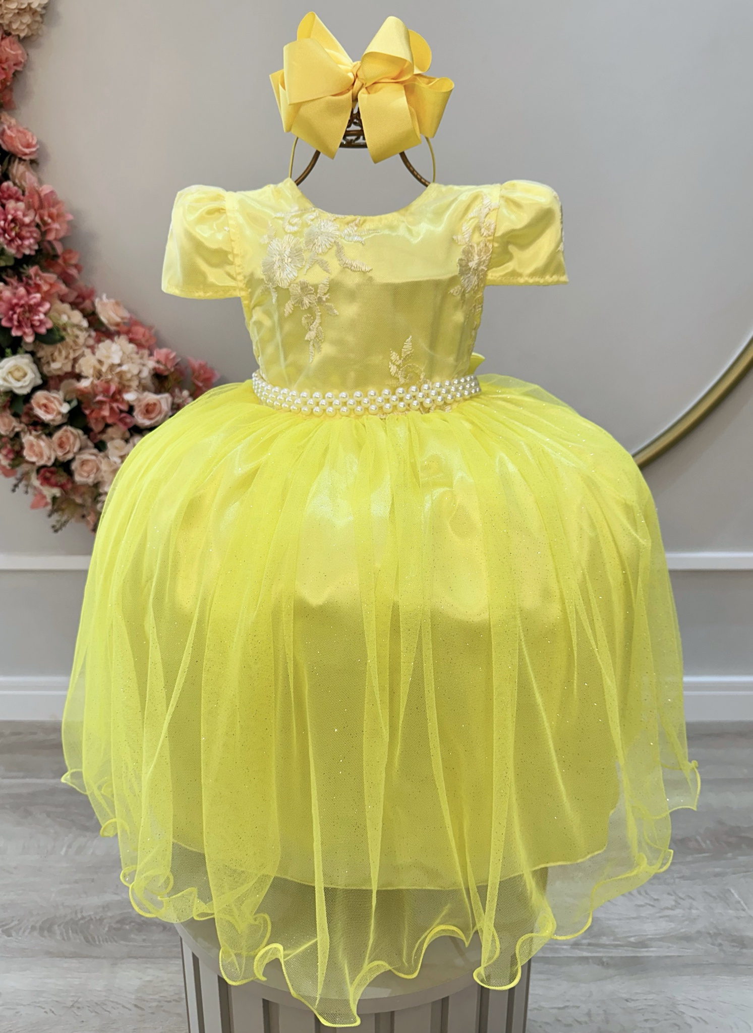 Vestido Infantil Amarelo Tule C/ Renda Casamento Luxo