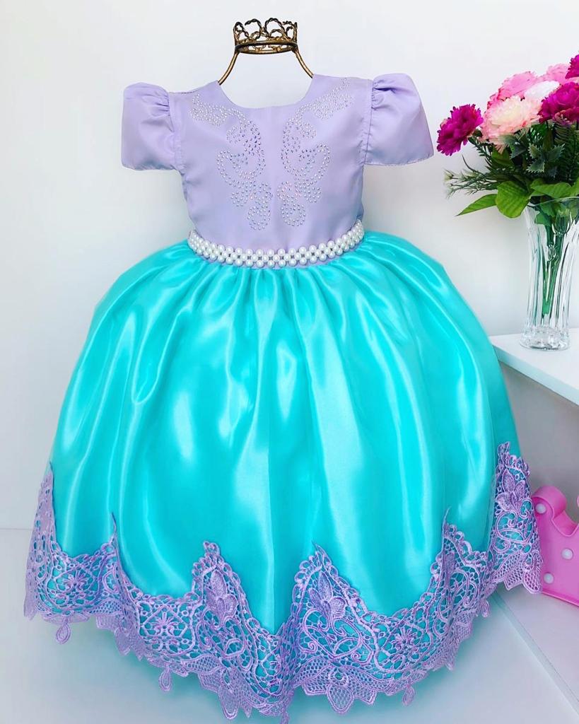 Vestido Infantil Ariel Luxo Princesa Renda Festa Aniversário