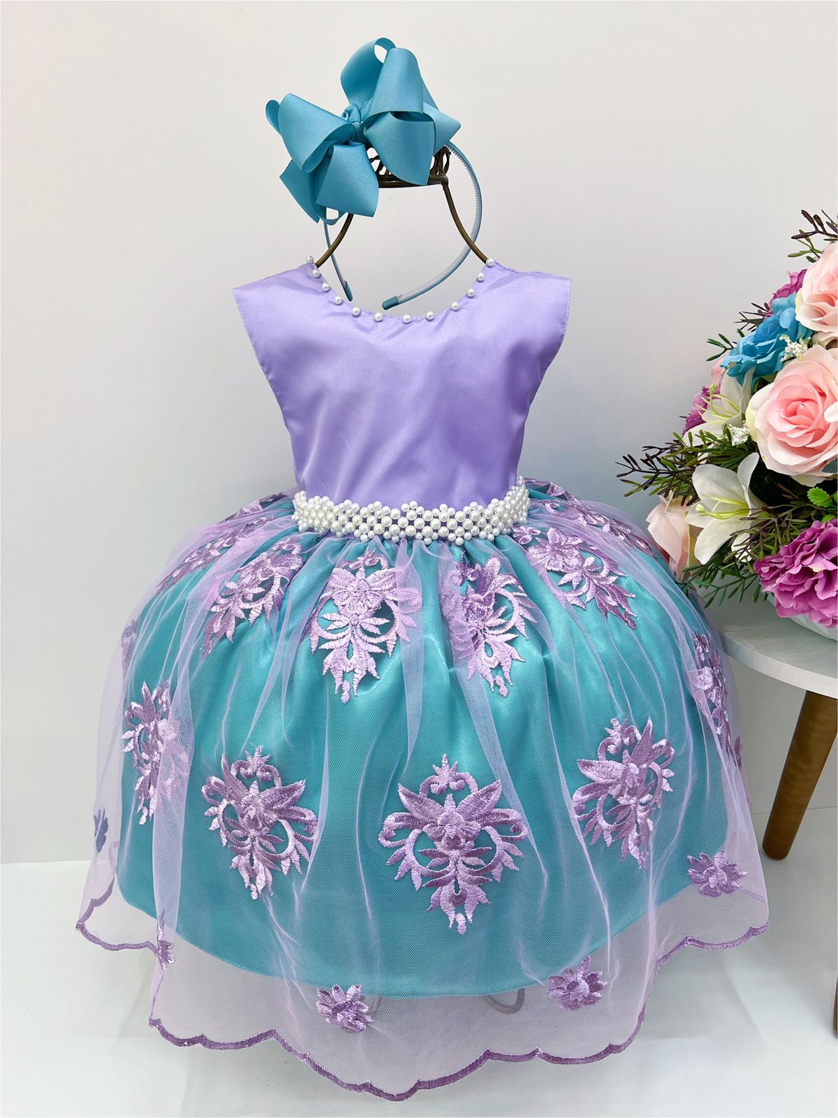 Vestido Infantil Ariel Princesa Pérolas Com Renda Fosca