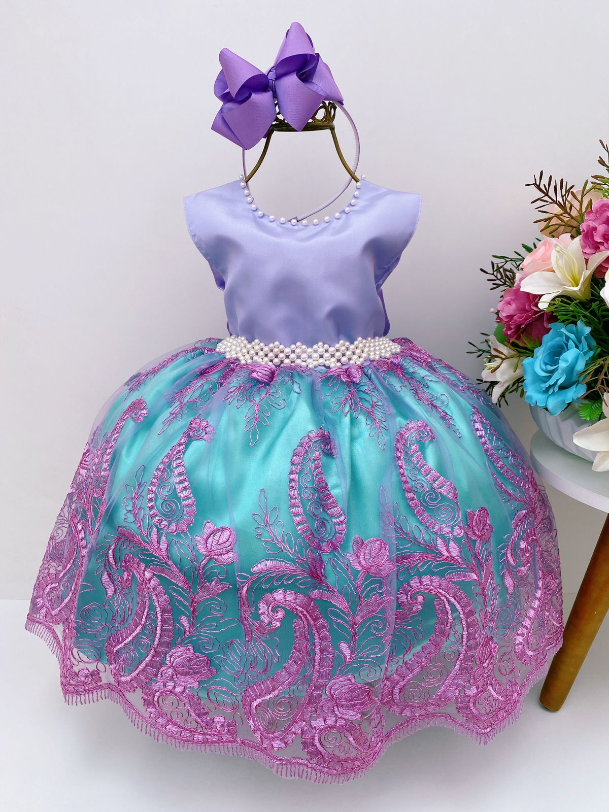 Vestido Infantil Ariel Princesa Pérolas Renda Brilho