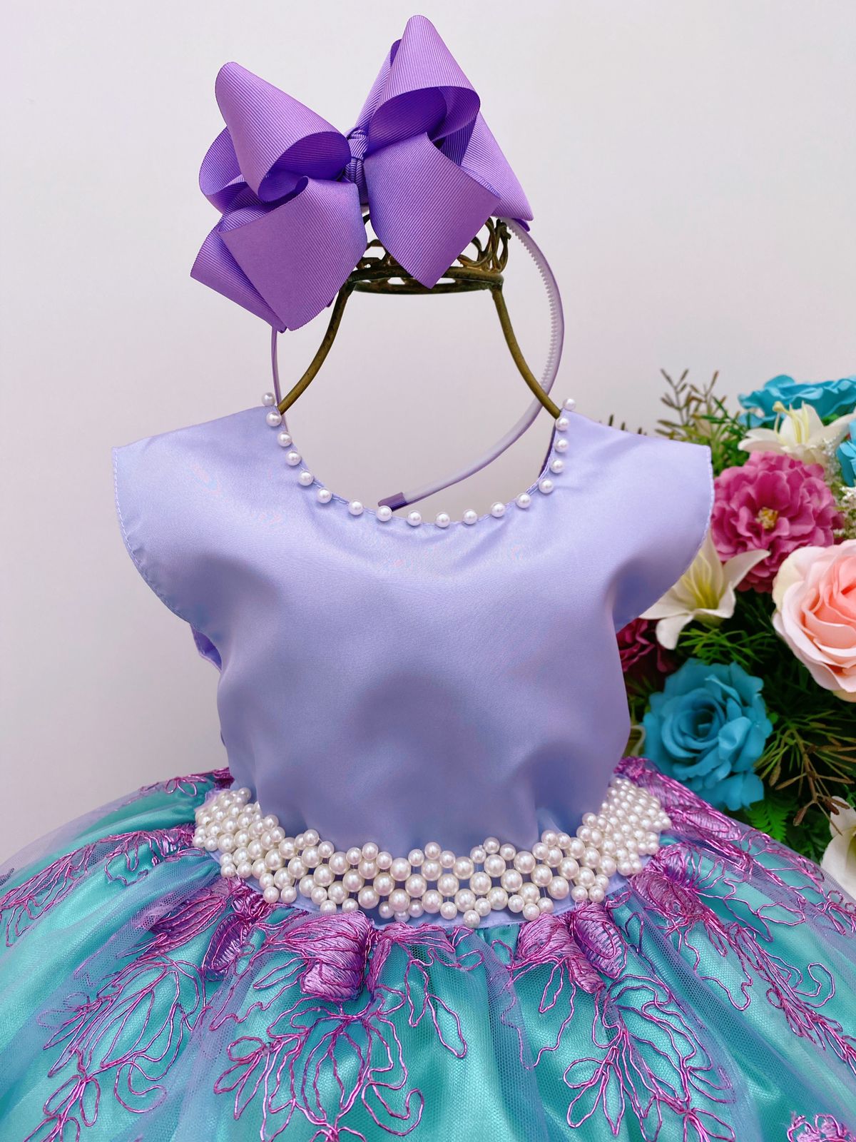 VESTIDO INFANTIL PRINCESA ARIEL PÉROLAS RENDA BRILHO