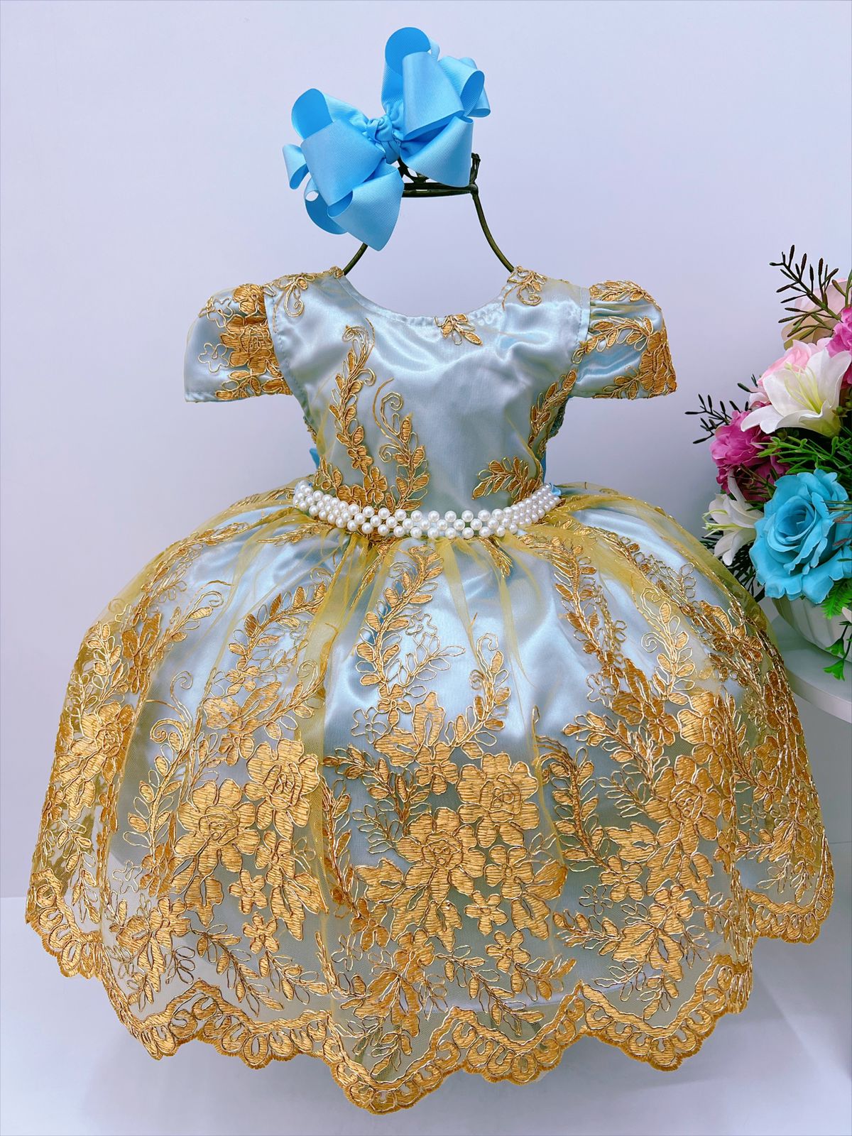 Vestido Infantil Azul Bebê Renda Dourada Realeza Damas