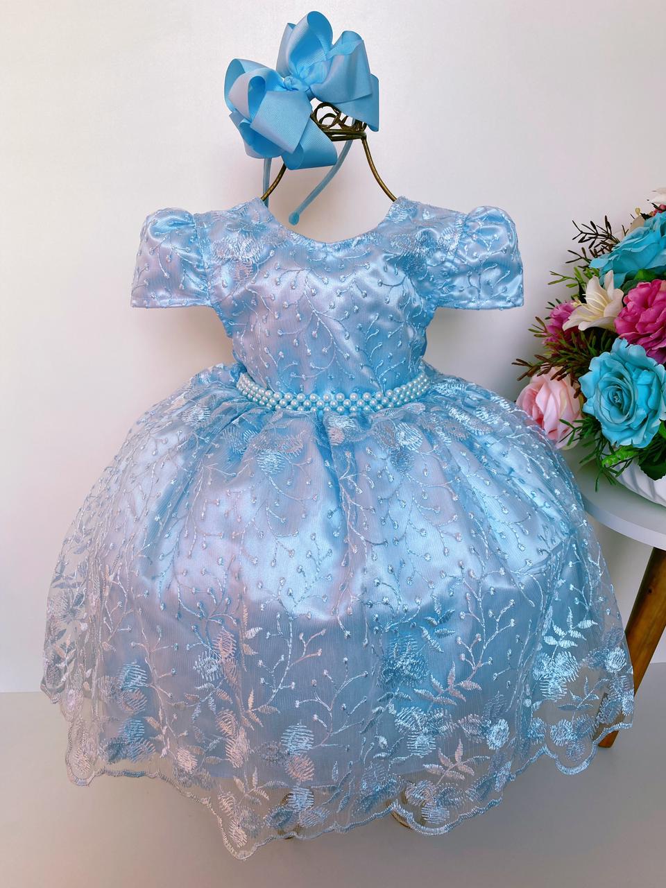 Vestido Infantil Azul Bebê Rendado Luxo Realeza Pérolas