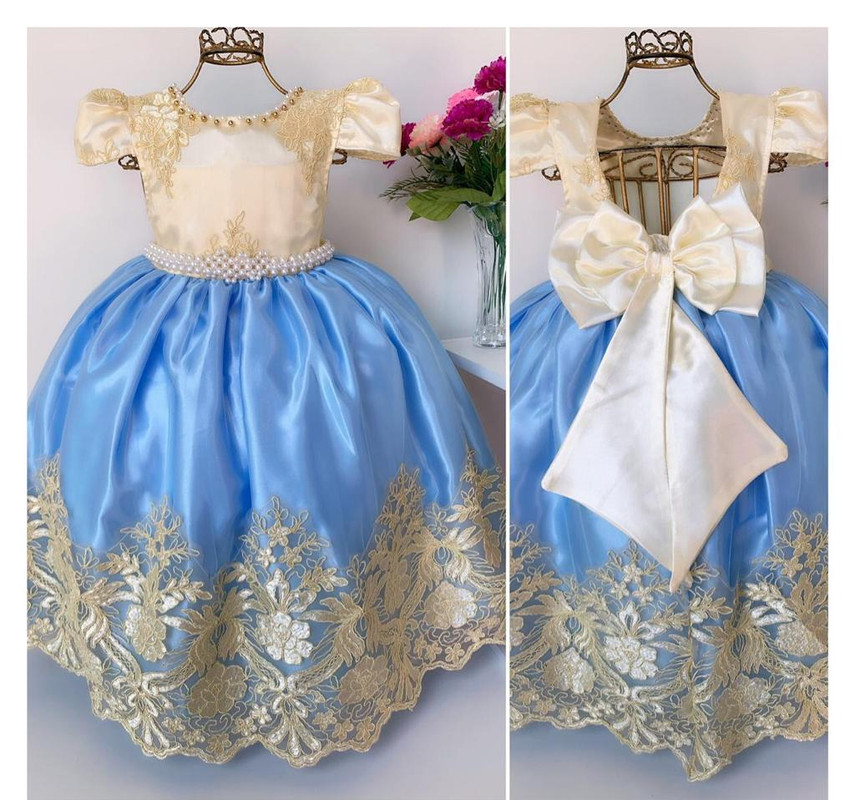 Vestido Infantil Azul Claro e Marfim Rendado Longos Damas