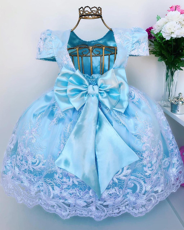 Vestido Infantil Azul Claro Renda Branca Realeza Princesa - Rosa Charmosa  Atacado