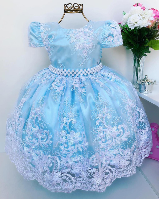 Vestido Infantil Azul Claro Renda Branca Realeza Princesa - Rosa Charmosa  Atacado