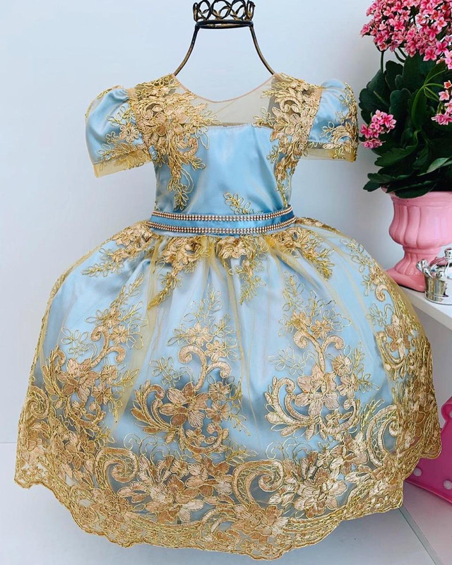 Vestido Infantil Azul Claro Renda Realeza Cinto Strass