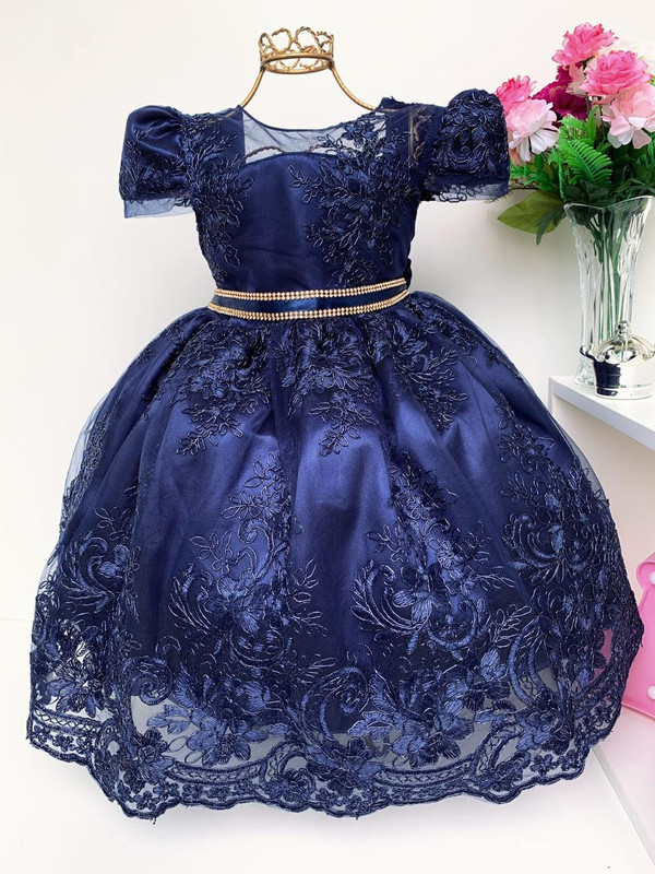 Vestido Infantil Azul Marinho Escuro Realeza Cinto Strass - Rosa Charmosa  Atacado