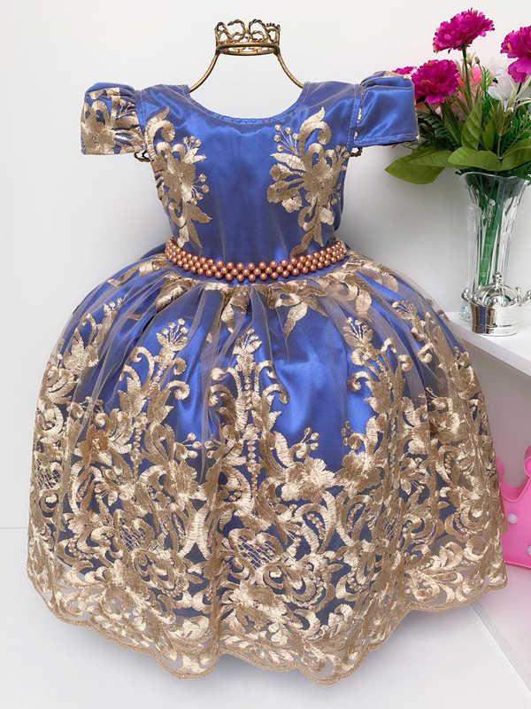Vestido Infantil Azul Marinho Renda Dourada Realeza Luxo