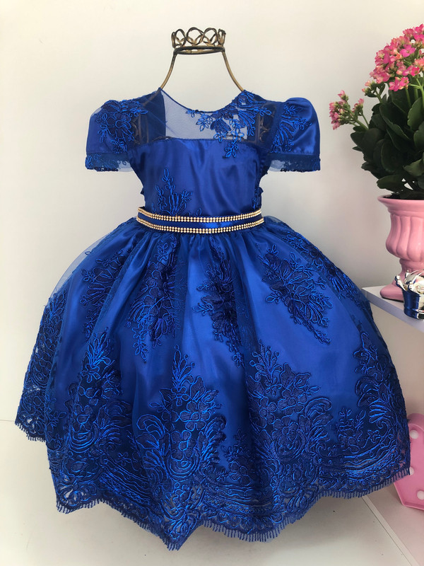 Vestido Infantil Azul Marinho Renda Realeza Cinto Strass