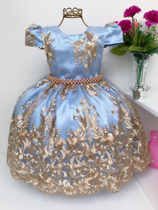 Vestido Infantil Azul Renda Dourada Realeza Luxo Princesa