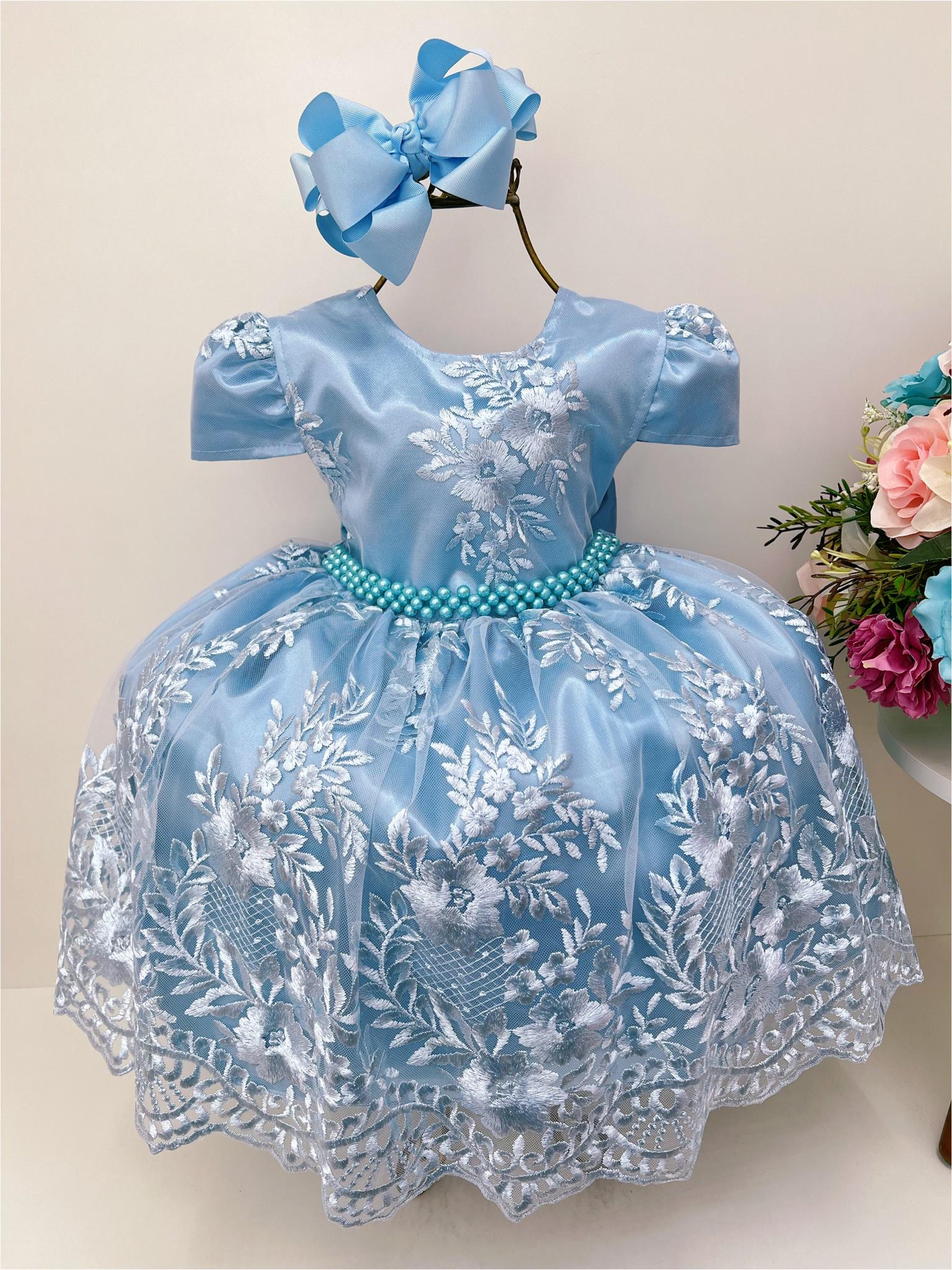 Vestido Infantil Azul Renda Realeza Cinto e Pérola