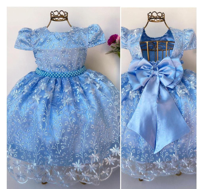 Vestido Infantil Azul Renda Realeza Princesa Luxo Festa Dama