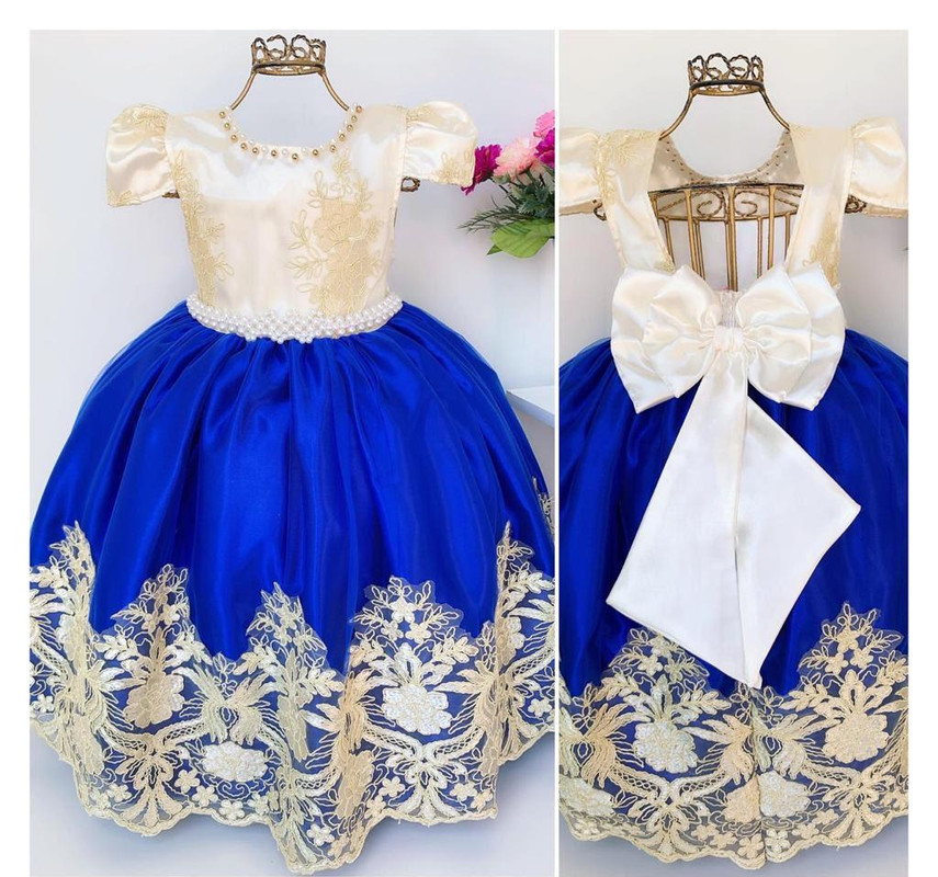 Vestido Infantil Azul Royal e Marfim Damas Luxo Festas