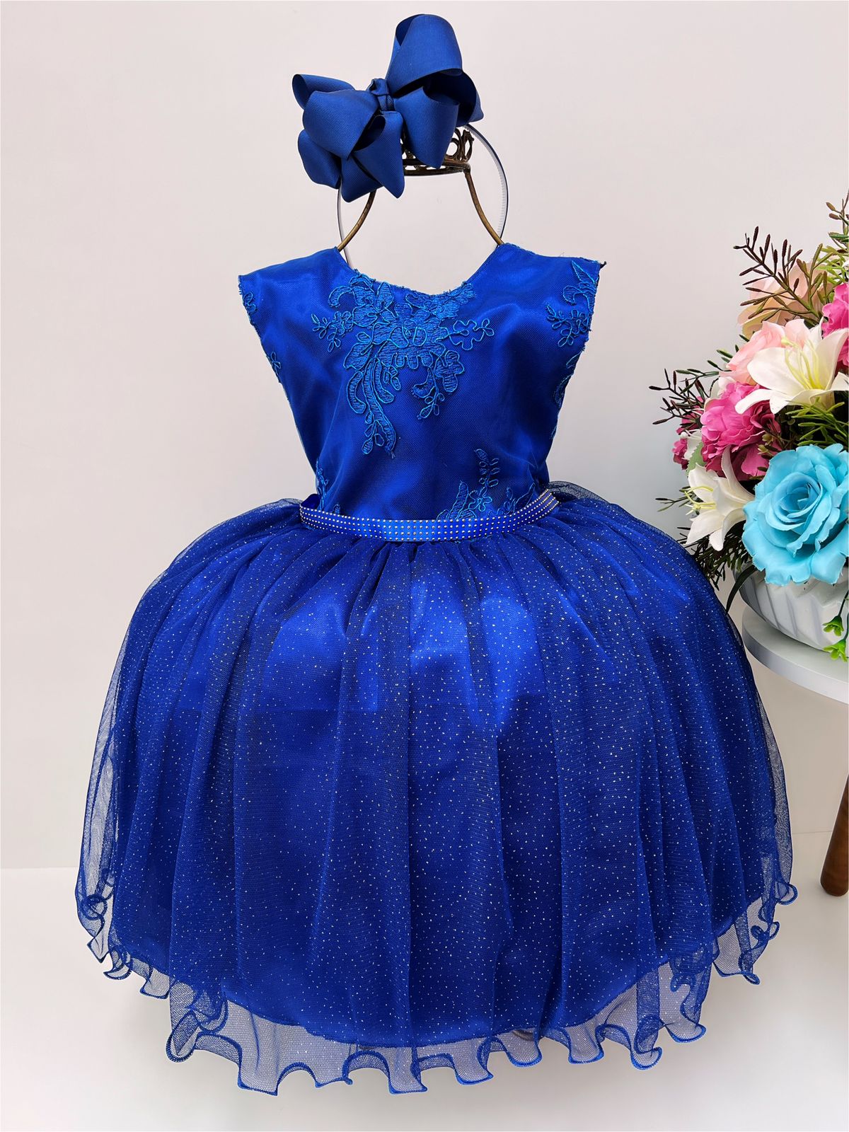 Vestido Infantil Azul Royal Renda Cinto Strass Brilho