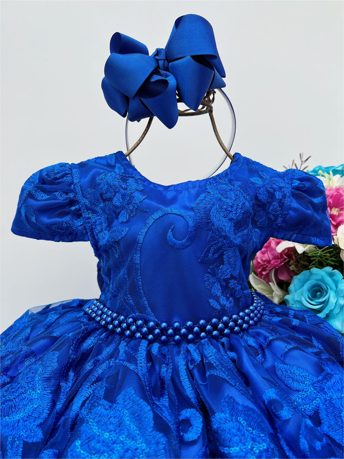 Vestido Infantil Azul Royal Renda de Realeza Luxo Festas - Rosa Charmosa  Atacado