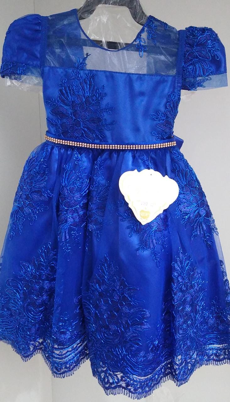 Vestido Infantil Azul Royal Renda Realeza Cinto Strass