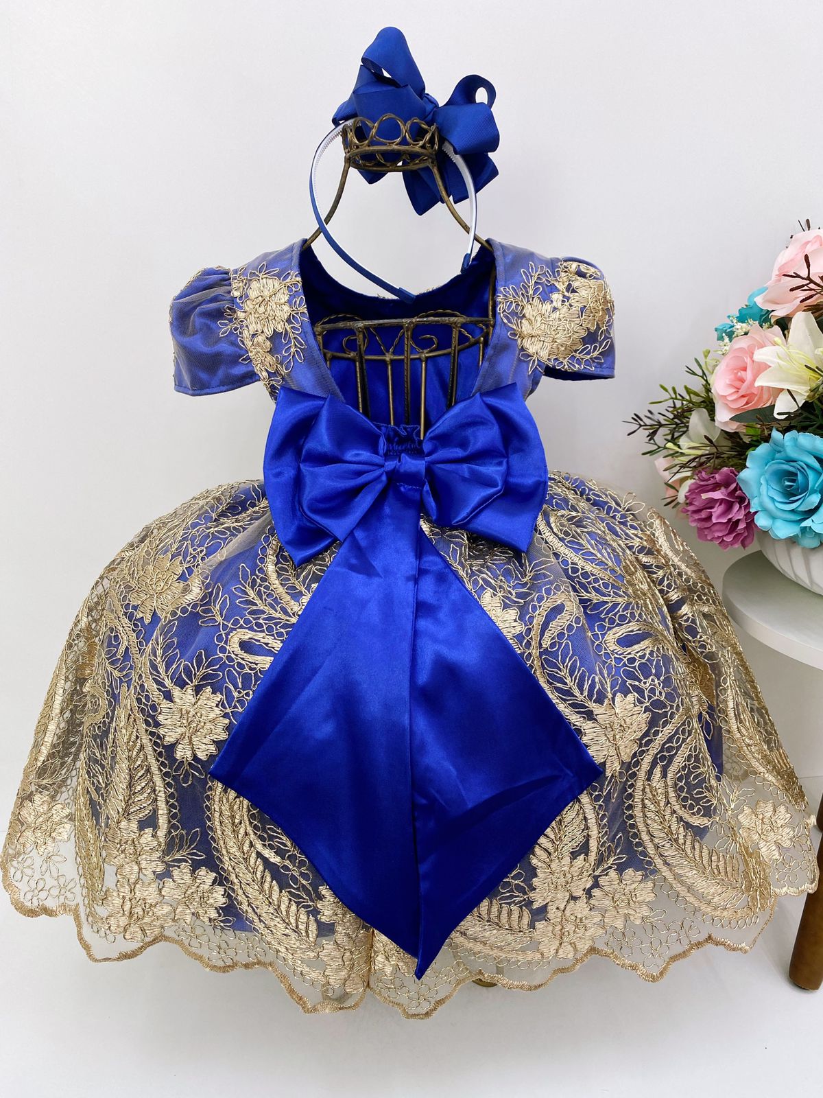 Vestido Infantil Azul Royal Renda Realeza Dourada Princesa - Rosa Charmosa  Atacado