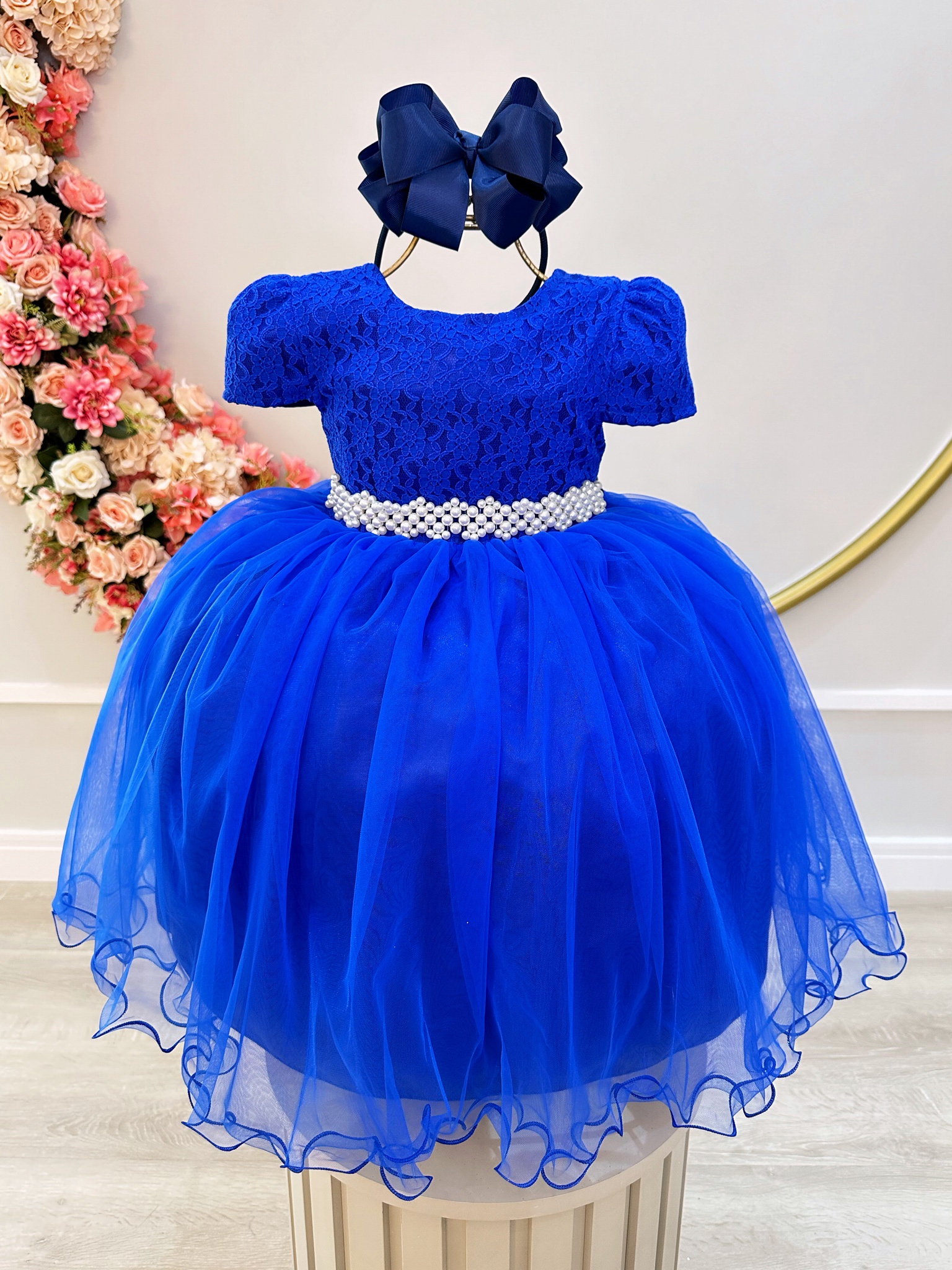 Vestido Infantil Azul Royal Tule C/ Renda Casamento Luxo