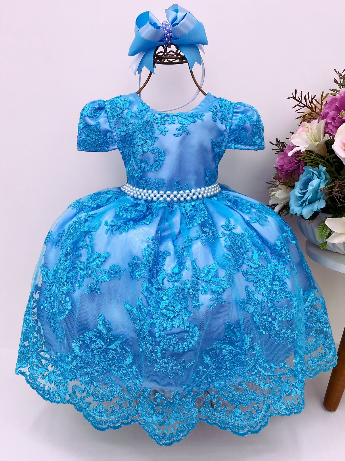 Vestido Infantil Azul Bebê Princesas Cinto Pérolas Luxo - Rosa Charmosa  Atacado