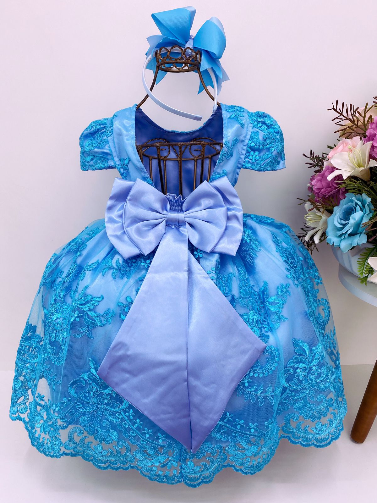 Vestido Infantil Azul Bebê Princesas Cinto Pérolas Luxo - Rosa Charmosa  Atacado