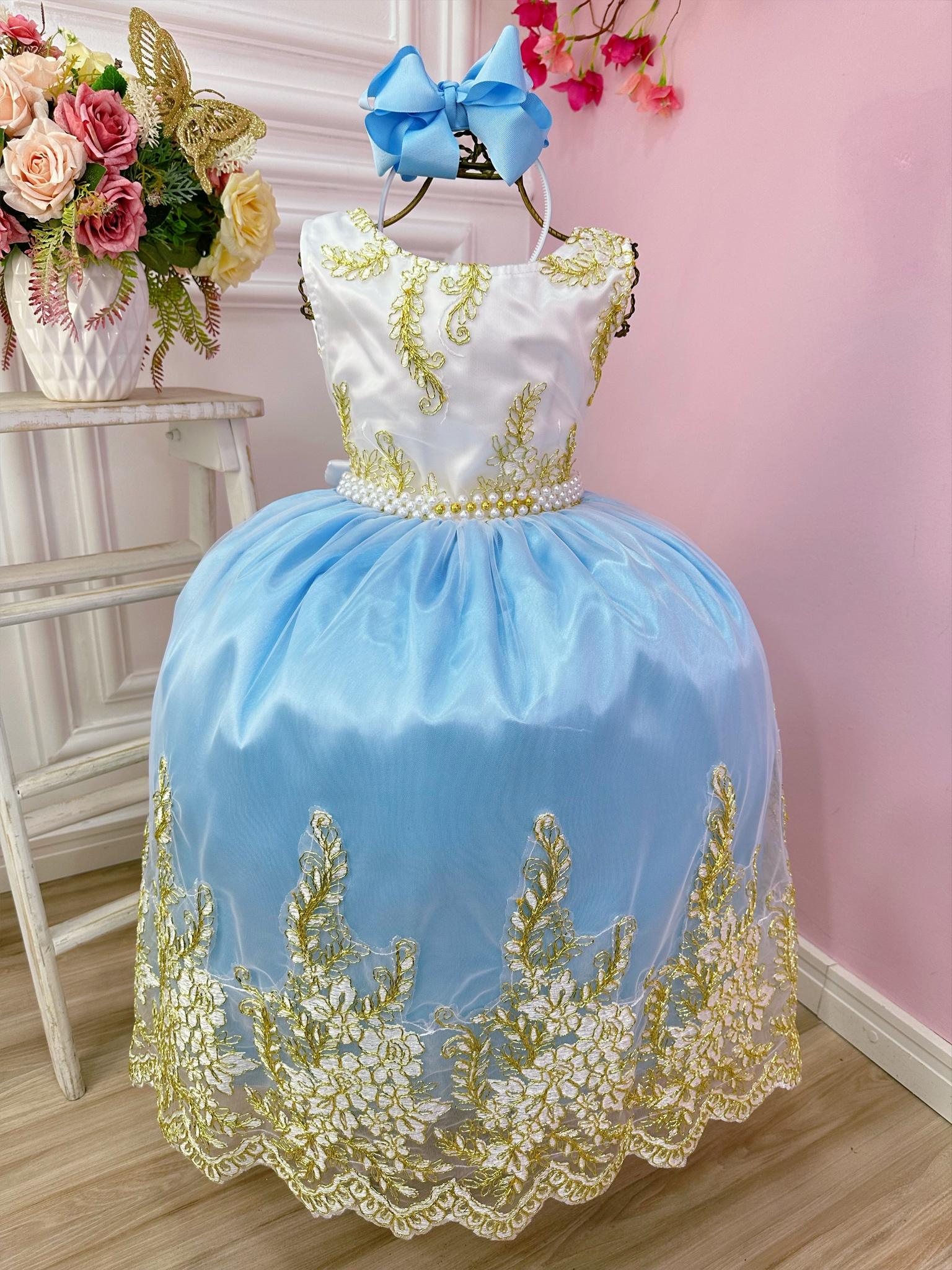 Vestido Infantil Branco Com Azul e Renda Realeza Daminhas