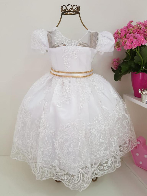 Vestido Infantil Branco Realeza Batizado Luxo Cinto Strass
