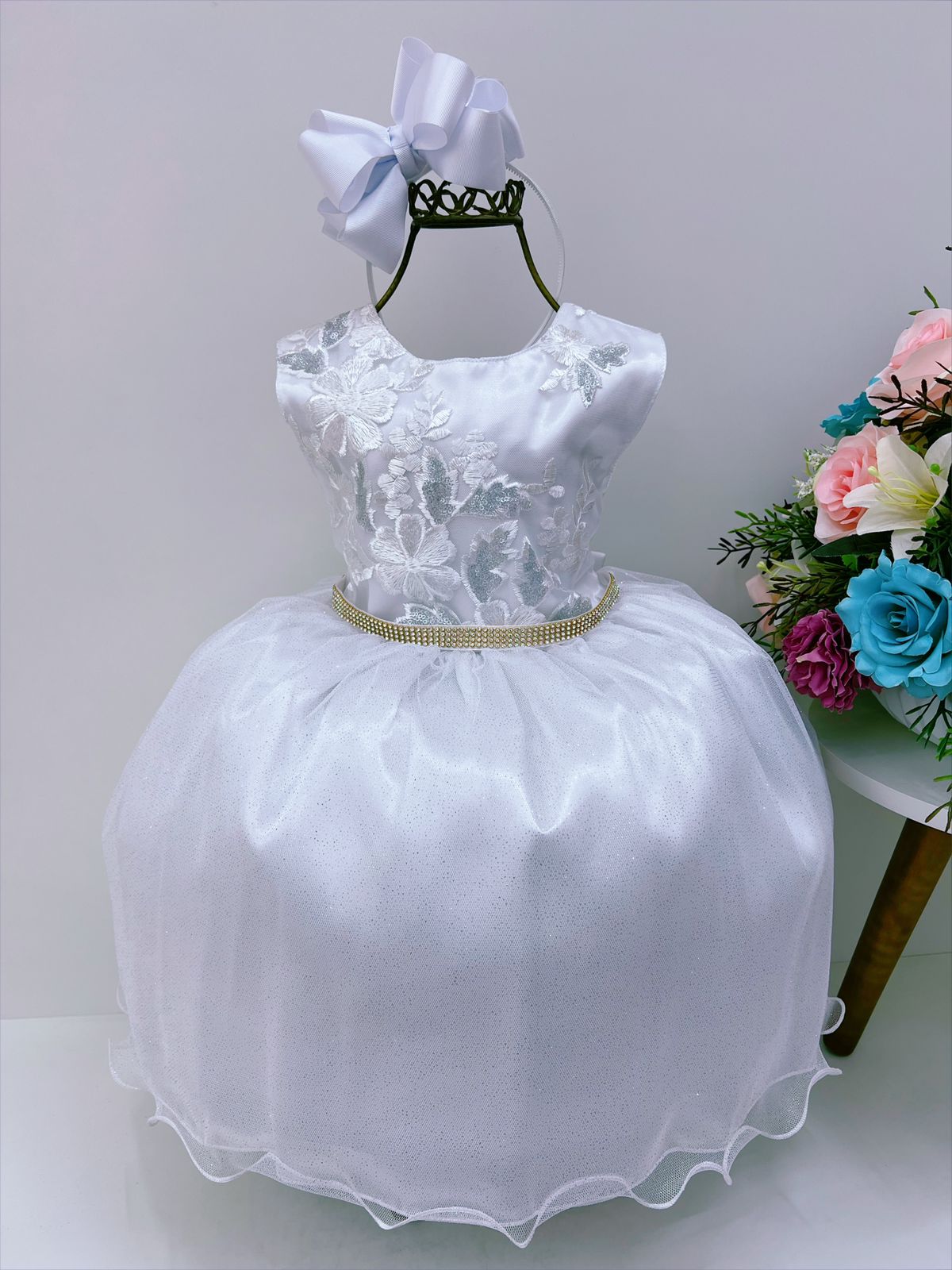 Vestido Infantil Branco Renda Busto Cinto Strass Luxo