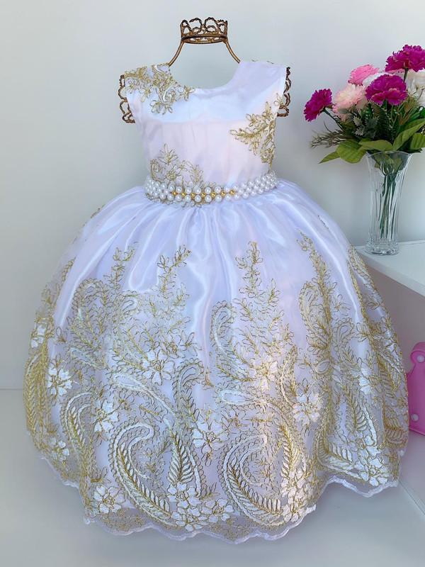 Vestido Infantil Branco Renda Dourada Realeza Luxo Longo