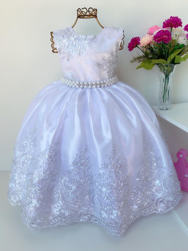 Vestido Infantil Branco Renda Prata Realeza Luxo Longo