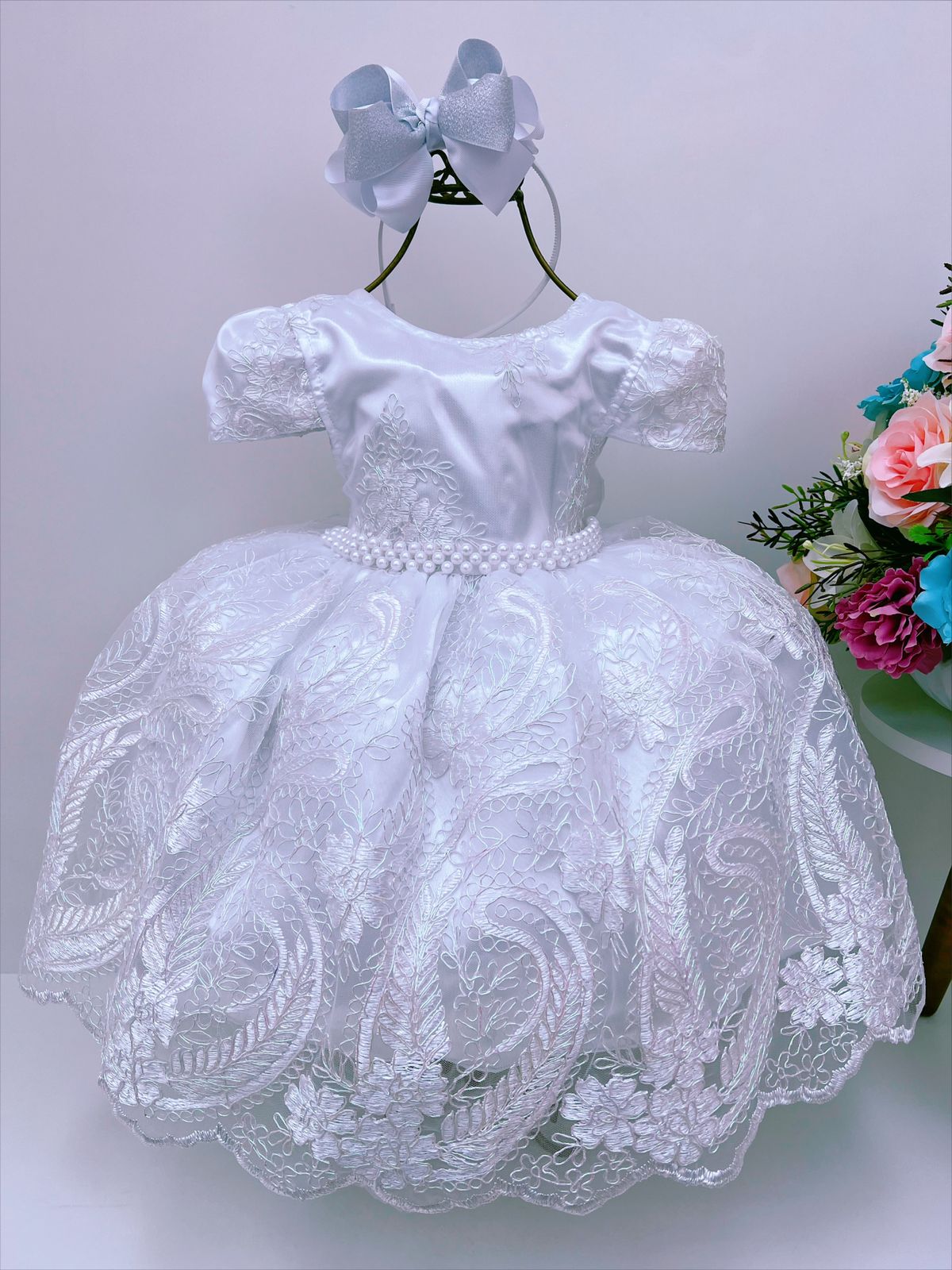 Vestido Infantil Branco Renda Realeza Batizado Luxo Festas
