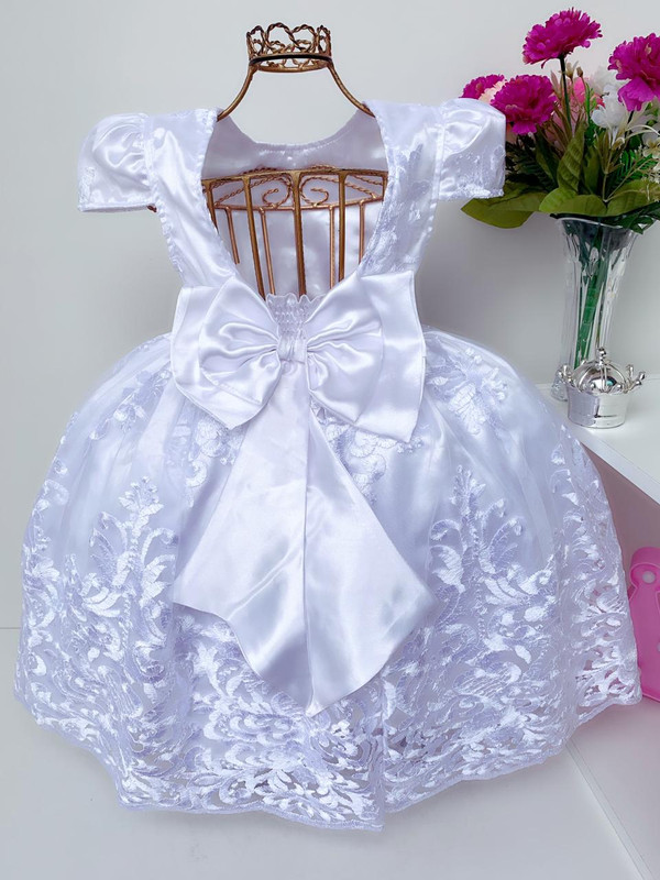 VESTIDO BEBE FESTA PRINCESA REALEZA RENDA ESTRUTURADA BRANCO