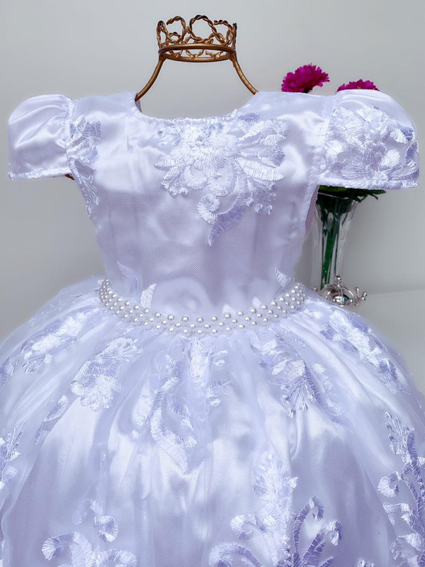 VESTIDO BEBE FESTA PRINCESA REALEZA RENDA ESTRUTURADA BRANCO