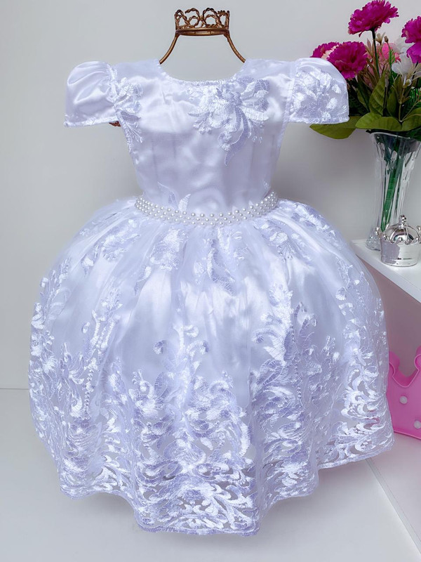 Vestido Infantil Branco Renda Realeza Princesa Luxo Festas