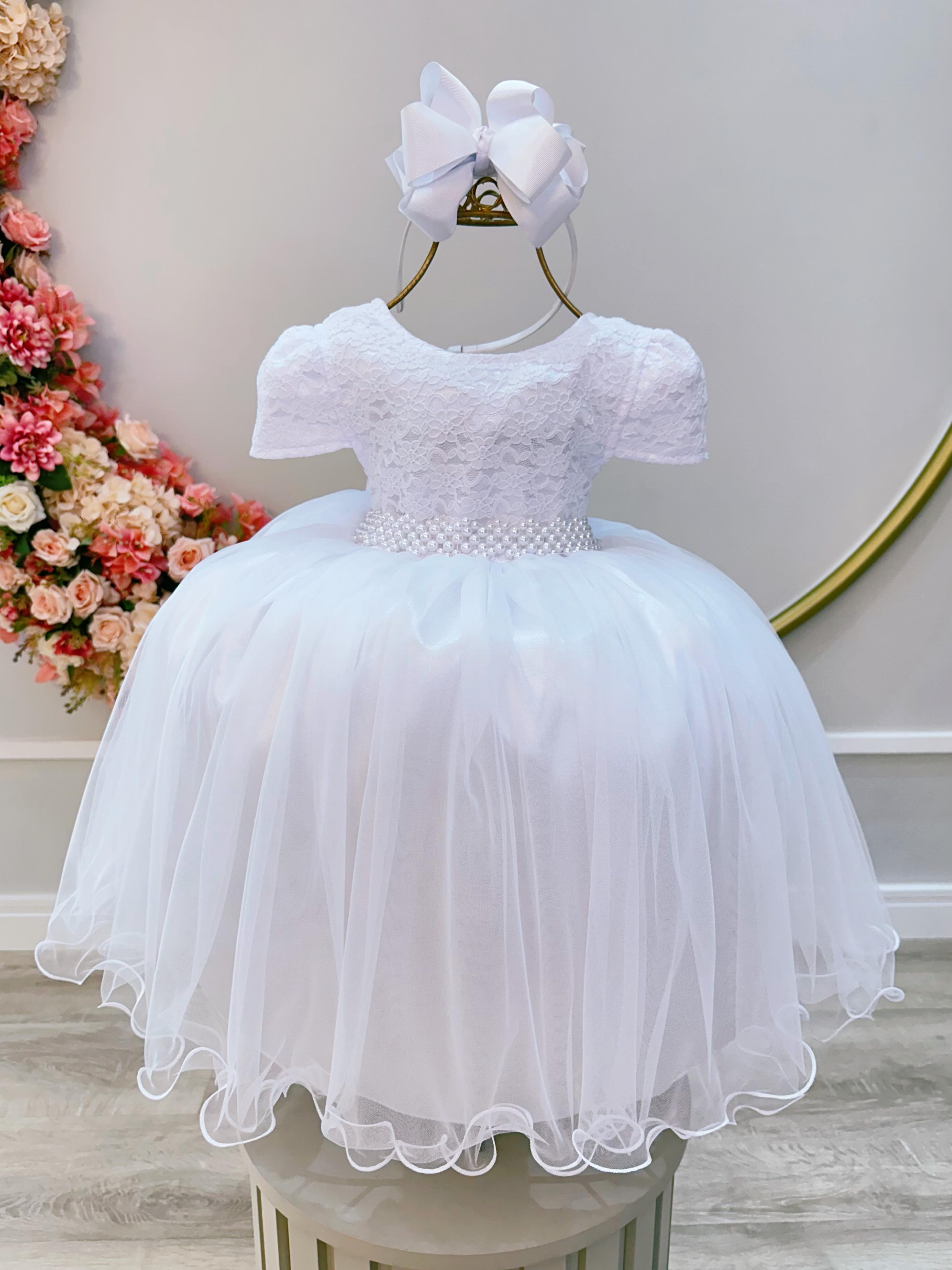 Vestido Infantil Branco Tule C/ Renda Casamento Luxo