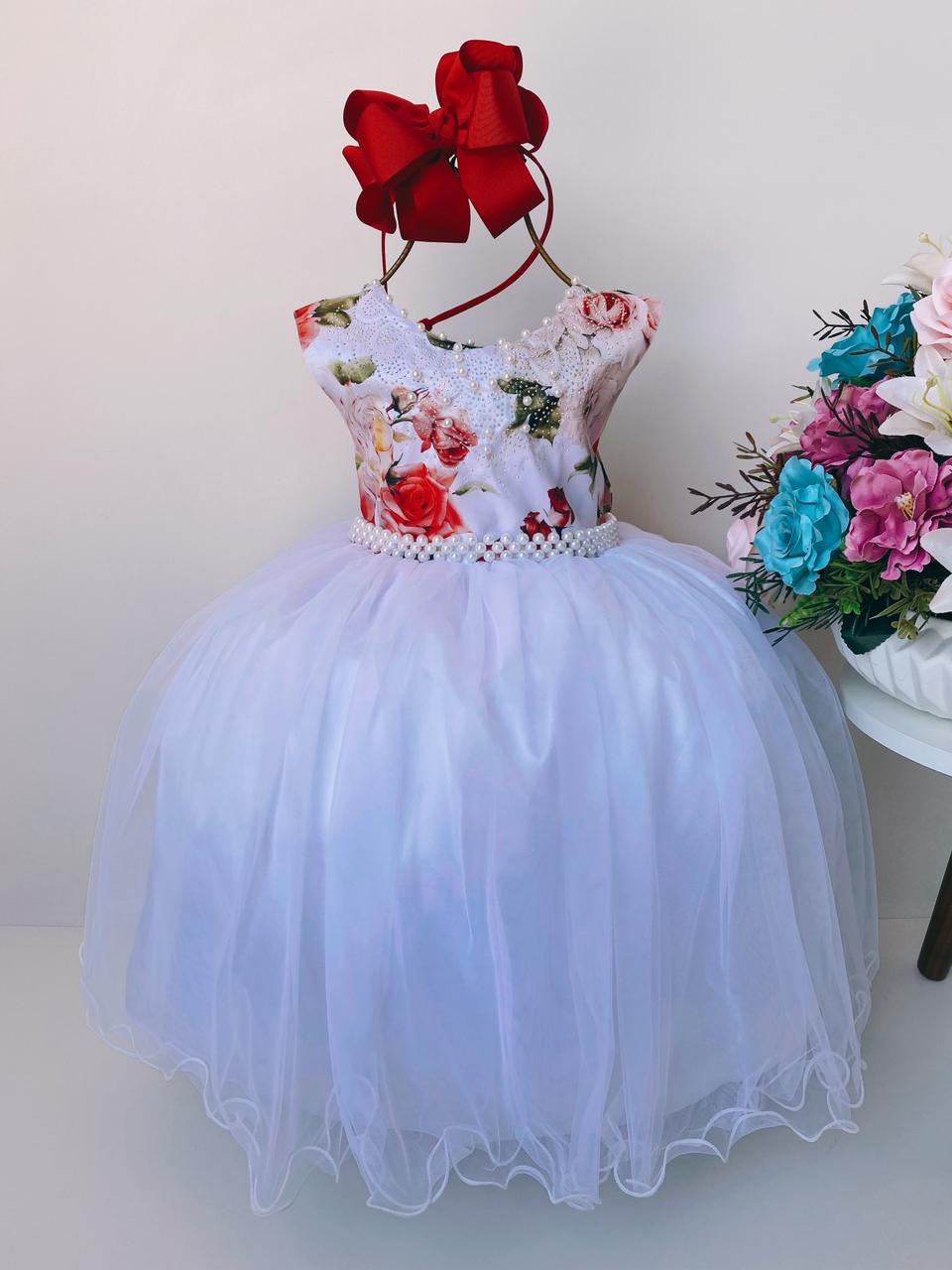 Vestido Infantil Branco e Vermelho Floral Luxo Princesa Dama