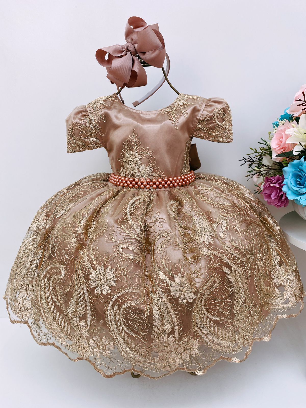 Vestido Infantil Dourado Renda Realeza Dourada Princesa