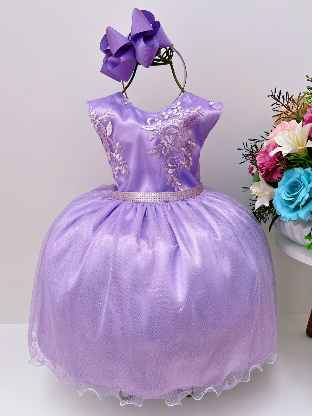 Vestido Infantil Lilás Renda Cinto Strass Brilho