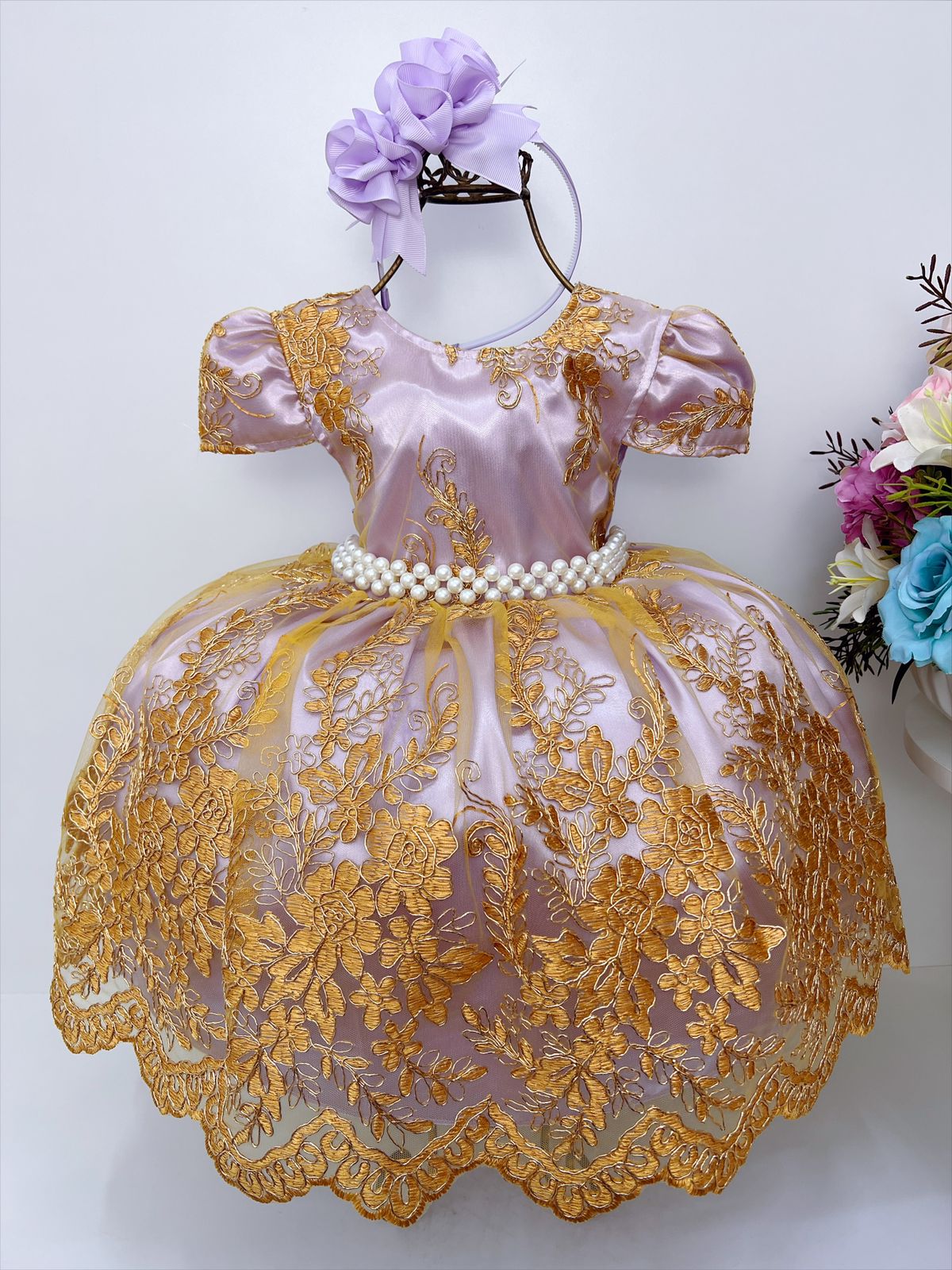 Vestido Infantil Lilás Renda e Tule Dourado Realeza Damas